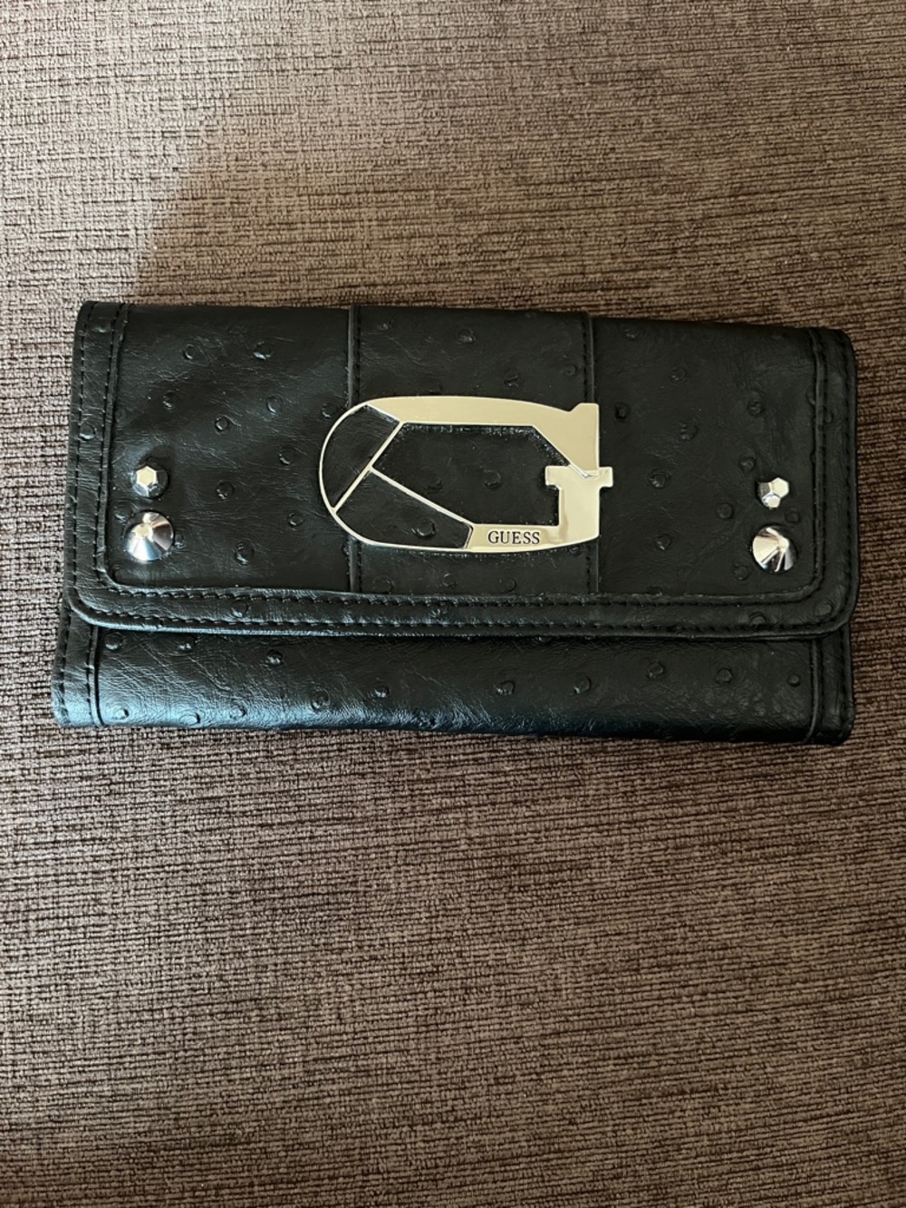 GUESS Black Faux-Ostrich Wallet with Silver Logo Accent